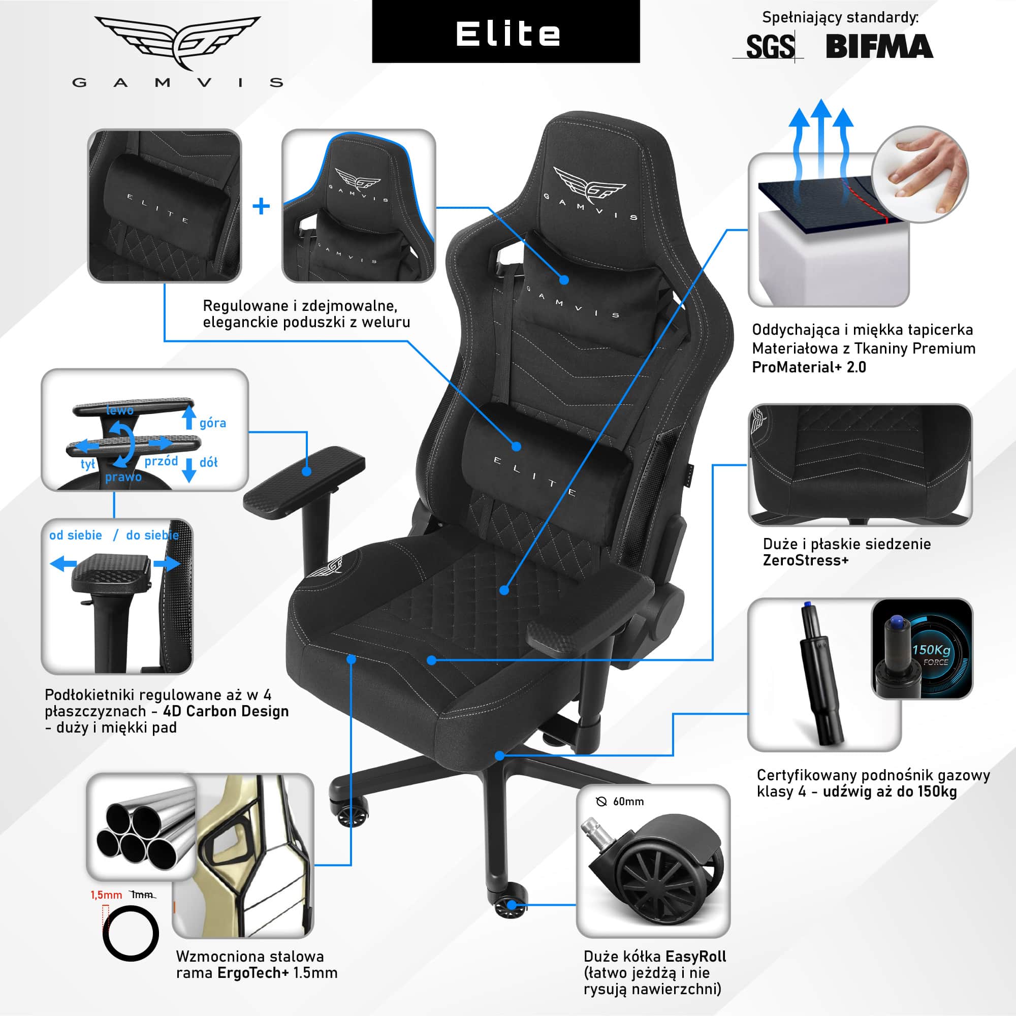 Materiałowy Fotel gamingowy Gamvis Elite Czarny